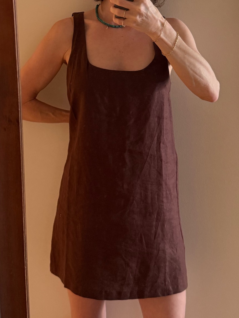 Reformation Sleeveless Mini Shift Dress in Brown Linen